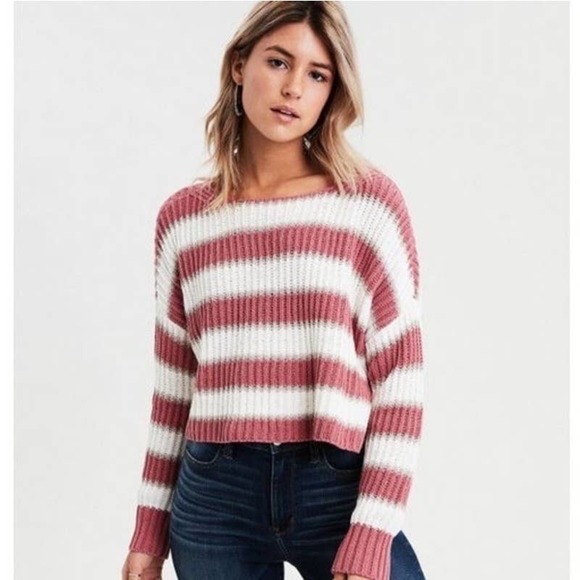 American Eagle Outfitters Sweaters - American Eagle Stripe Crop Sweater Womens Medium Pink Crewneck